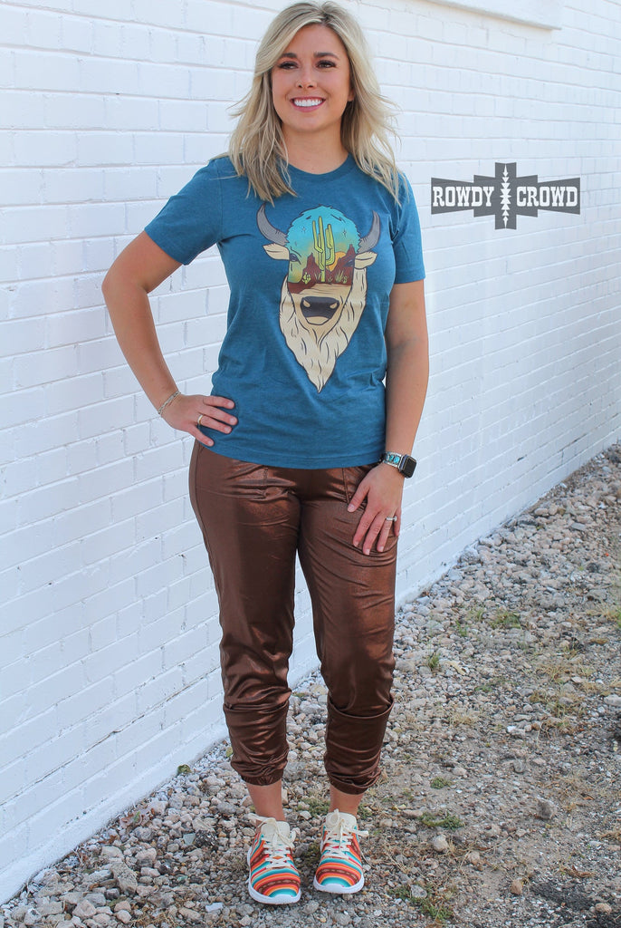 Teal short sleeve tee with a printed buffalo design with a desert scenery on the face. Model wears tee with copper joggers against white brick. 