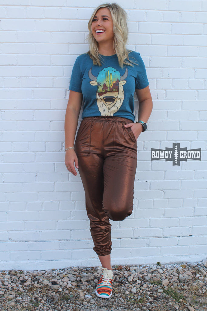Teal short sleeve tee with a printed buffalo design with a desert scenery on the face. Model wears tee with copper joggers against white brick. 