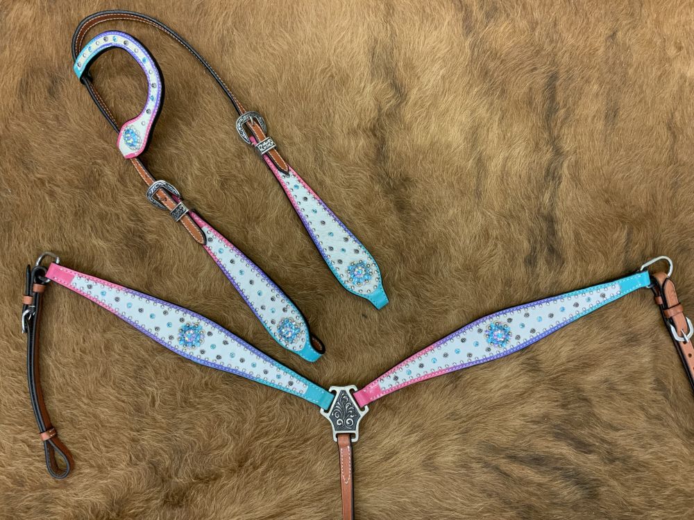 Cowhide Inlay Ombre Rainbow One Ear Headstall Set headstall set Shiloh   