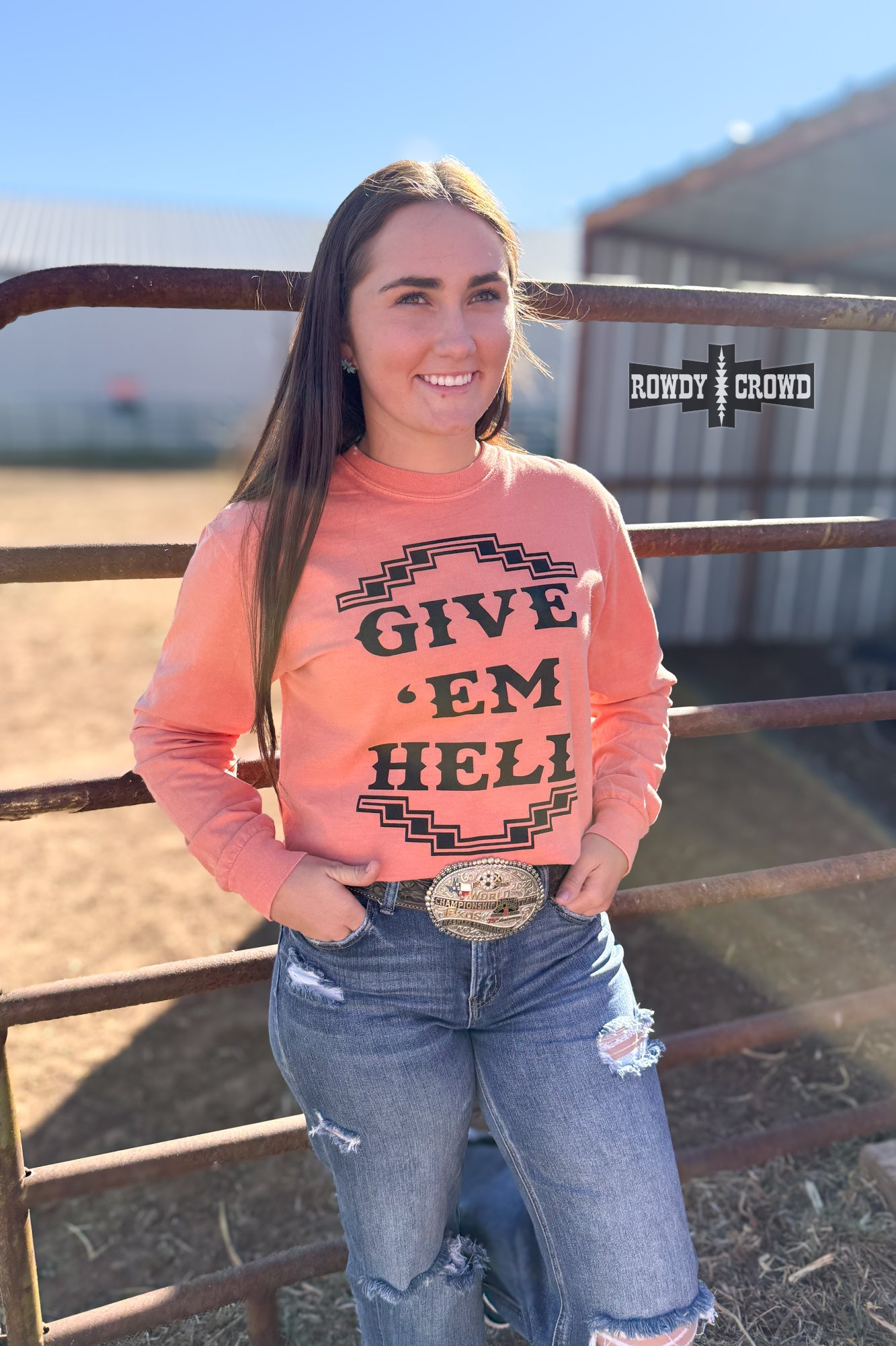 Give 'Em Hell Long Sleeve Tee Long Sleeve Top Rowdy Crowd Clothing