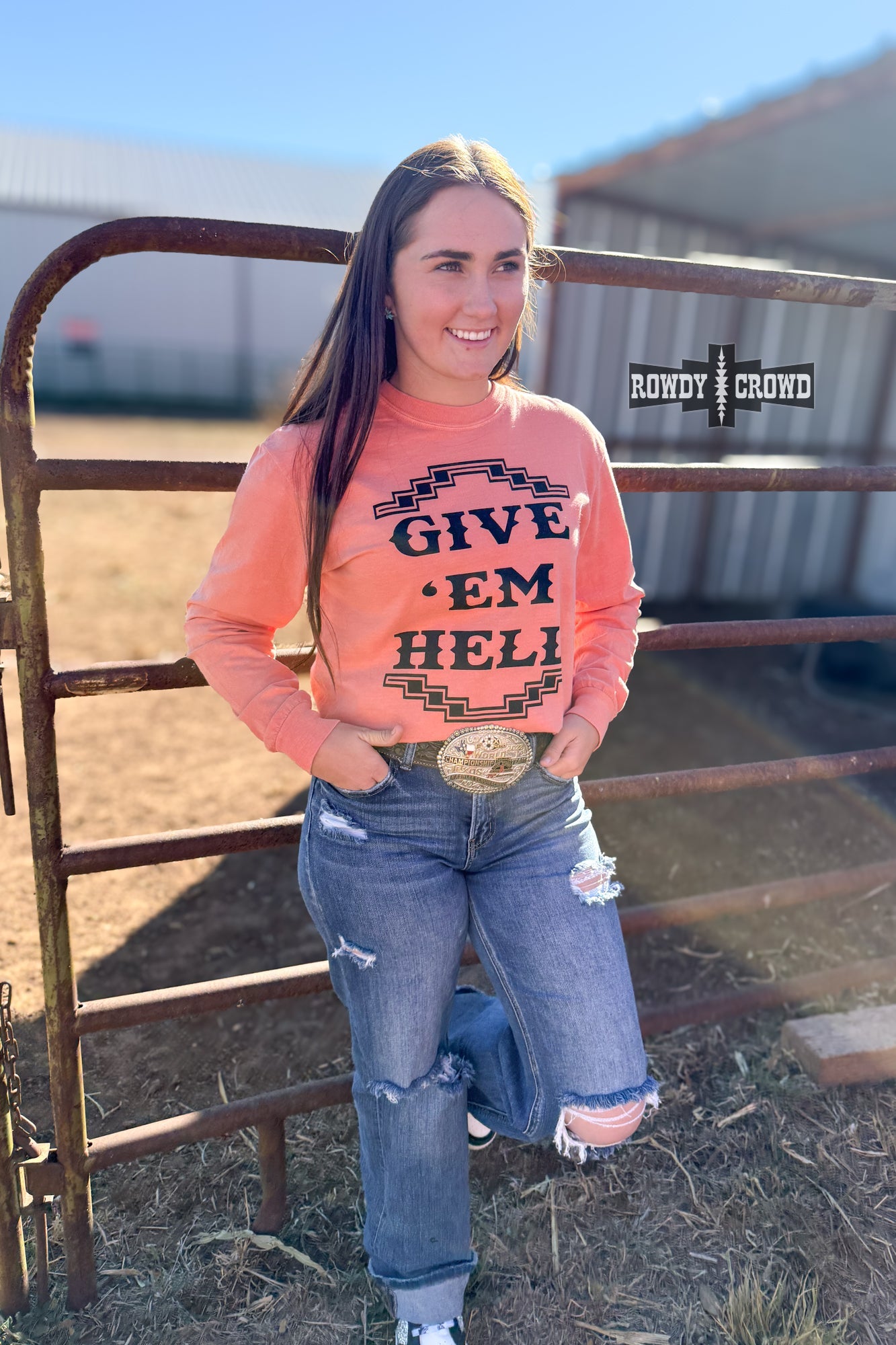 Give 'Em Hell Long Sleeve Tee Long Sleeve Top Rowdy Crowd Clothing