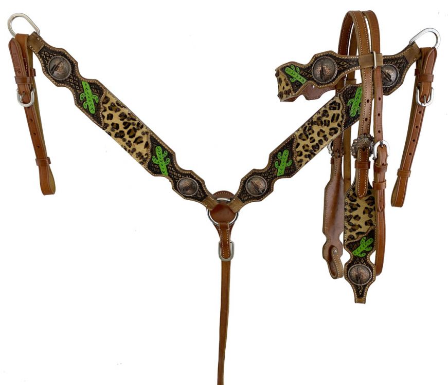 Western headstall set with cheetah inlay and cactus tooled leather designs. Copper cactus conchos accent tooled areas. 