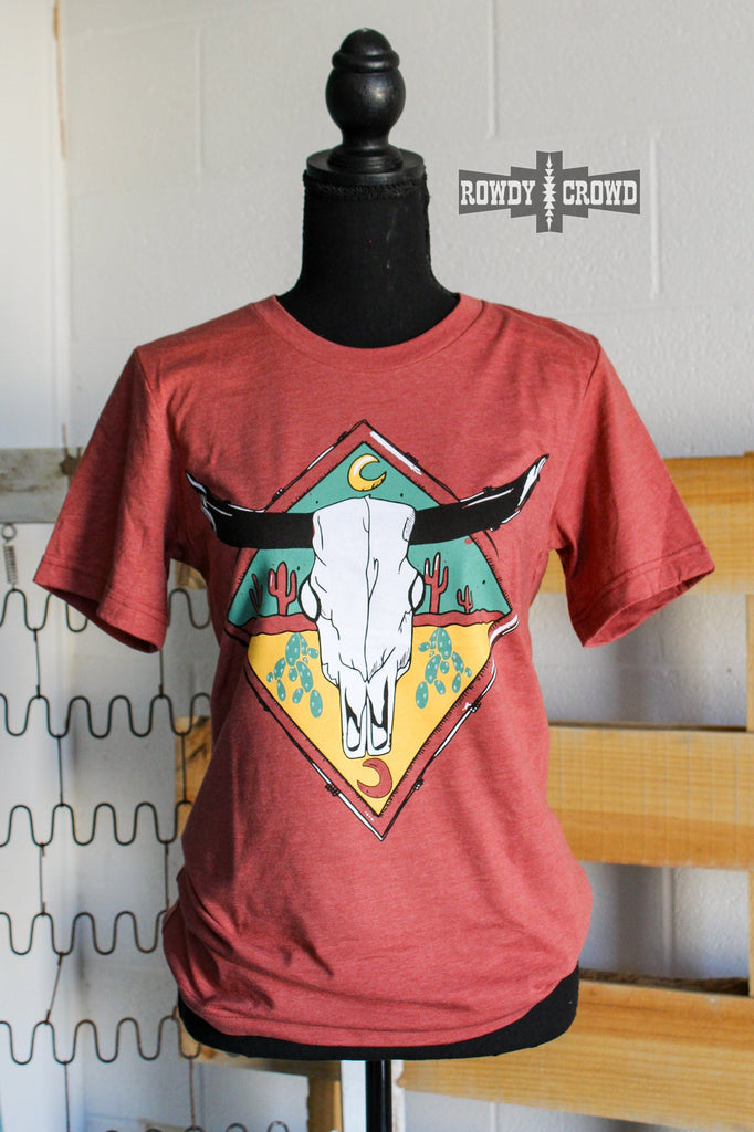 rust colored western steer skull graphic tee on mannequin