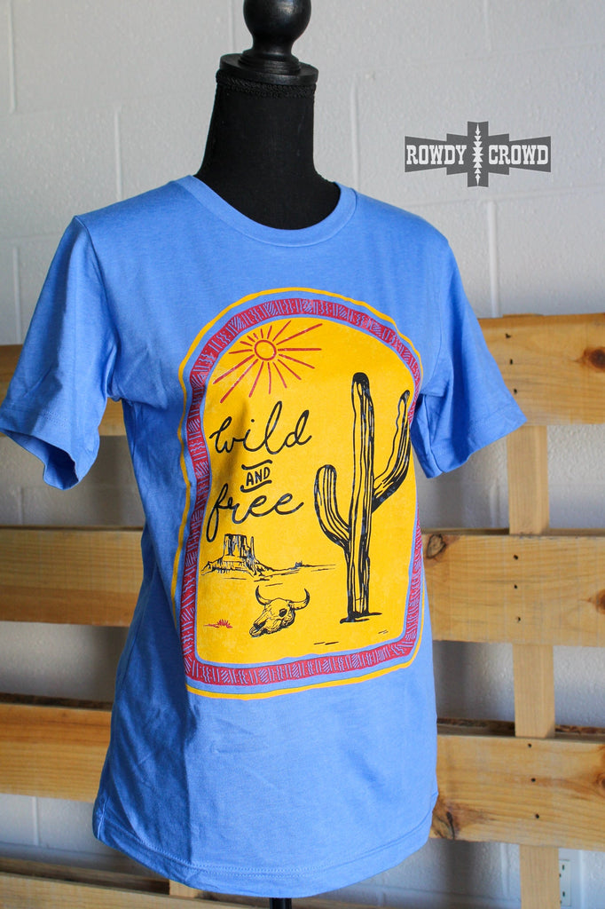blue western graphic tee with wild and free cactus design, pictured on mannequin 