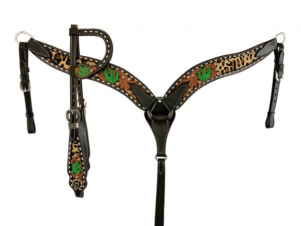 Black leather western headstall set with one ear piece. Cheetah inlay with tooled cactus. White buck stitch outlines the cheetah inlay and tooling. 
