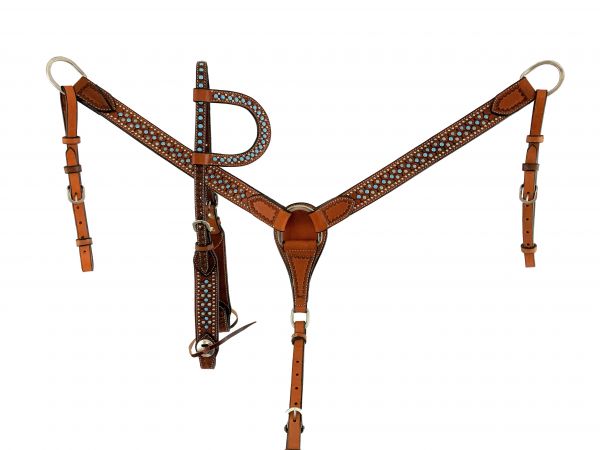 Cute and simple headstall set with turquoise and silver studs checkered along headstall and breast collar. 