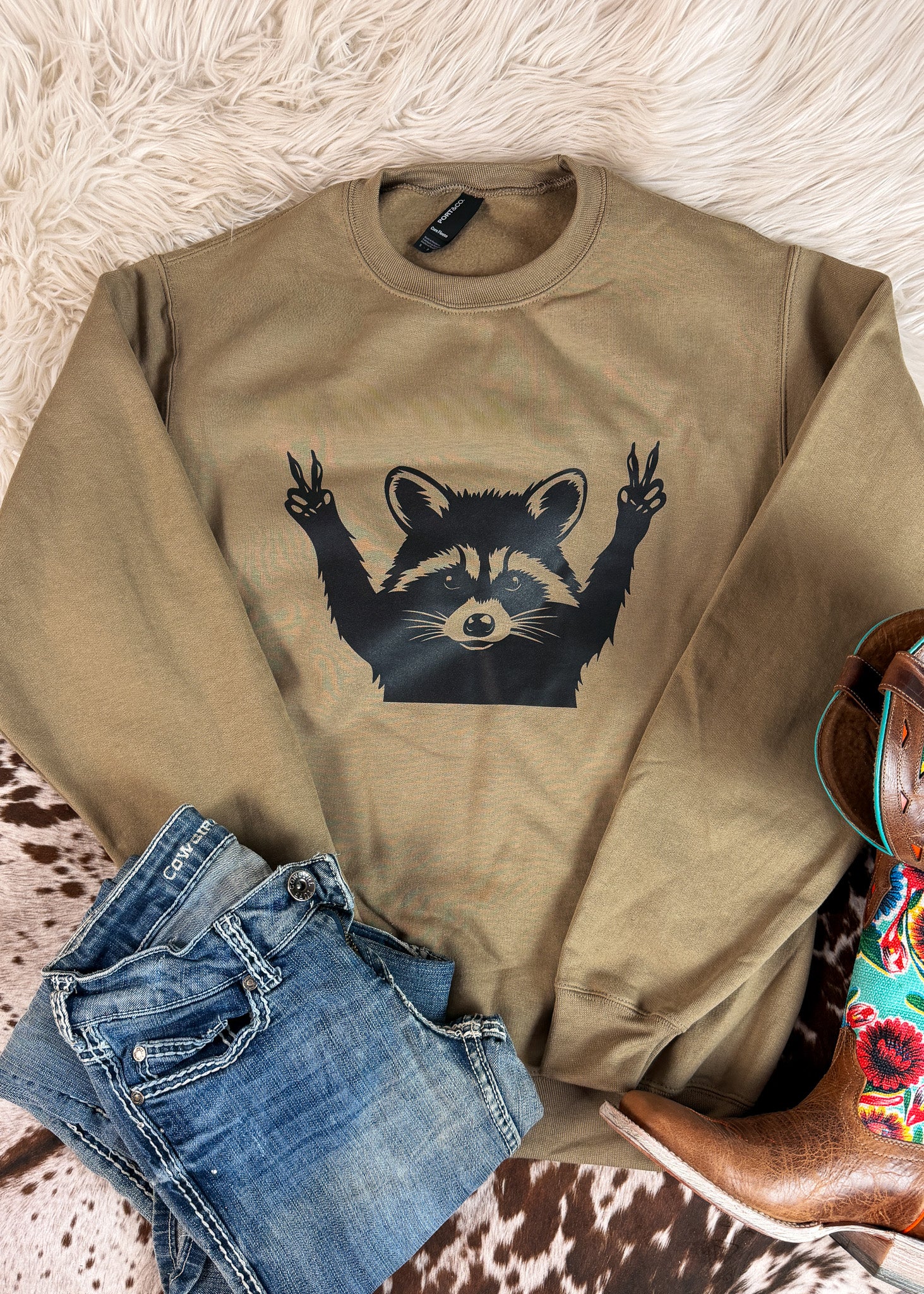 Sand Peace Out Raccoon Pullover $15 pullover sale The Cinchy Cowgirl
