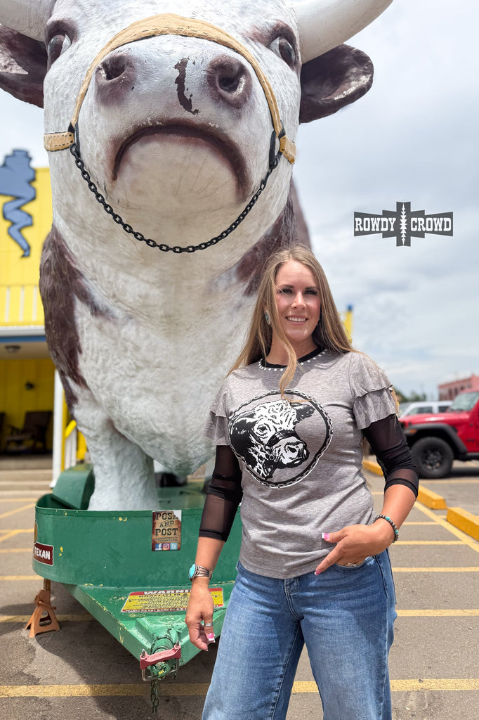Howdy Hereford Mesh Sleeve Top Fashion Top Rowdy Crowd Clothing