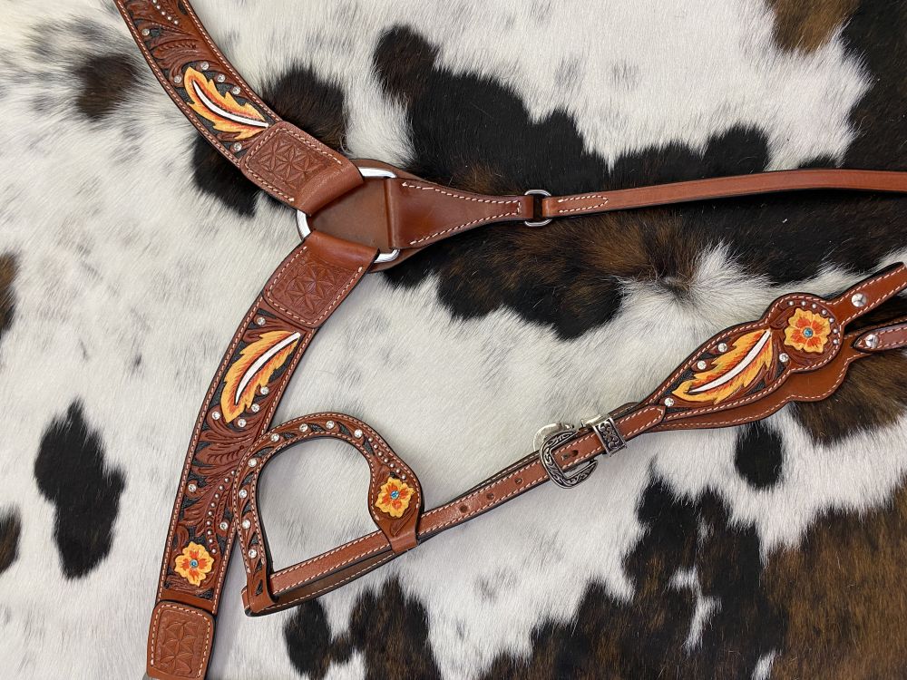 Painted Floral & Feather Headstall Set headstall set Shiloh   