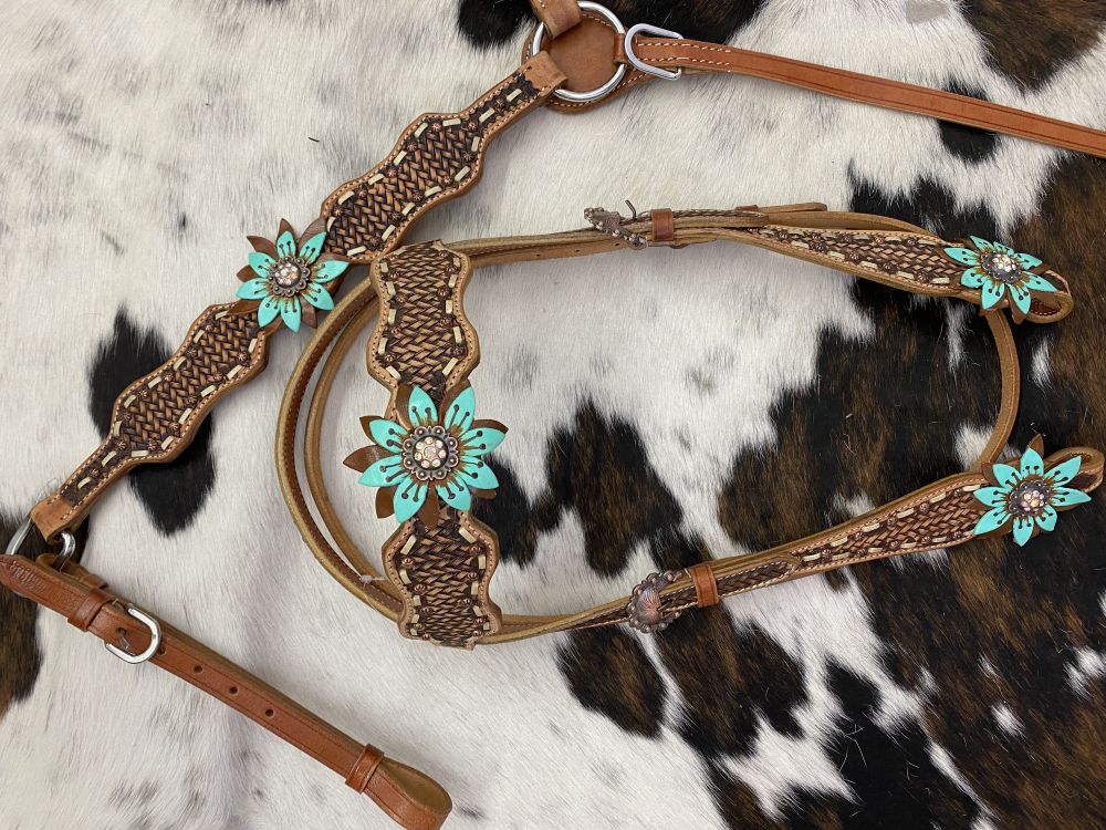 Painted Teal 3D Flower Headstall Set headstall set Shiloh   