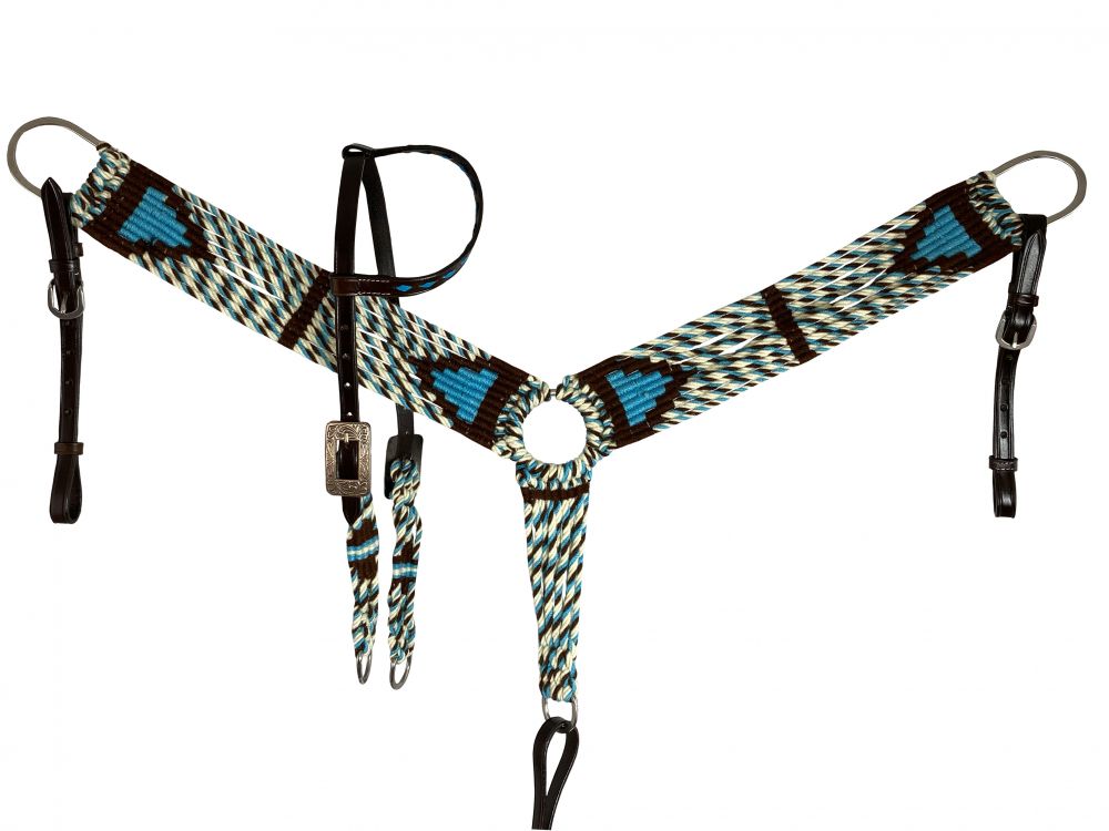 Wool Teal, Brown, & Cream One Ear 3 Piece Headstall Set headstall set Shiloh   