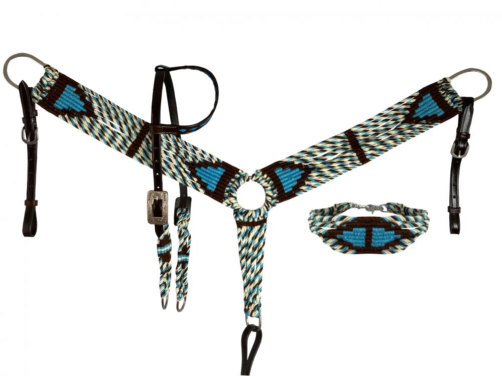 Wool Teal, Brown, & Cream One Ear 3 Piece Headstall Set headstall set Shiloh   