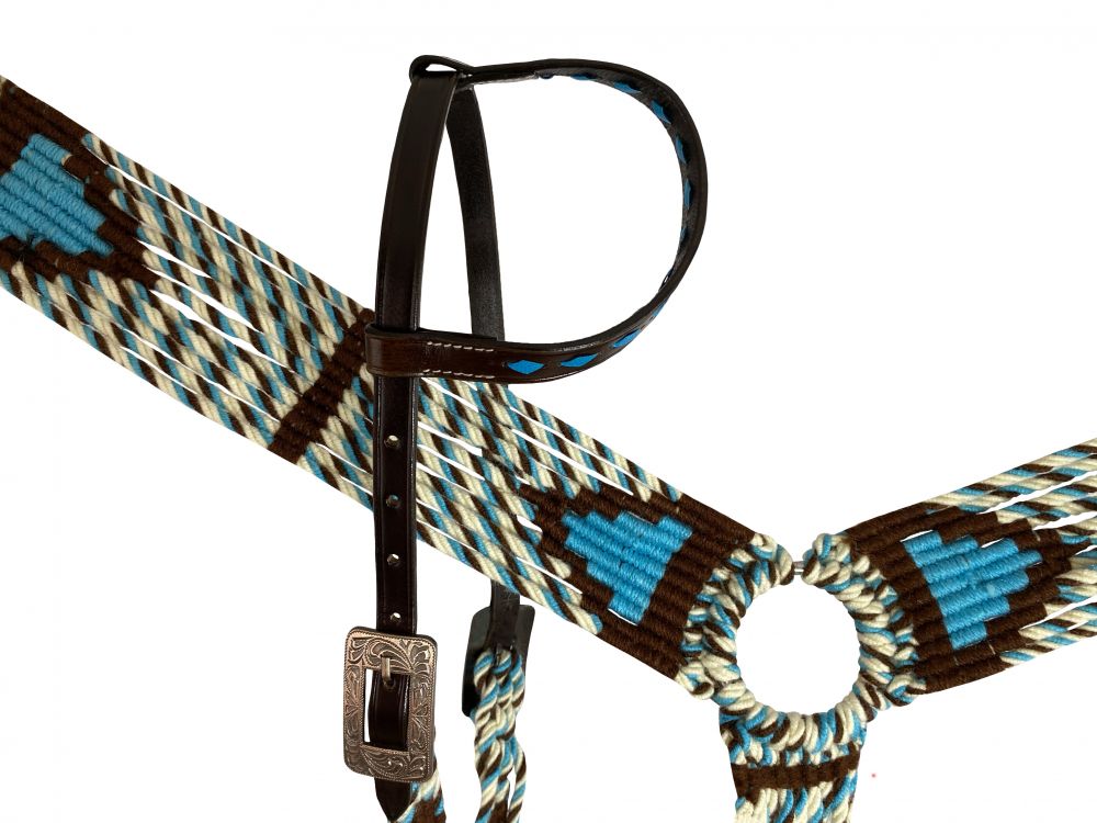 Wool Teal, Brown, & Cream One Ear 3 Piece Headstall Set headstall set Shiloh   