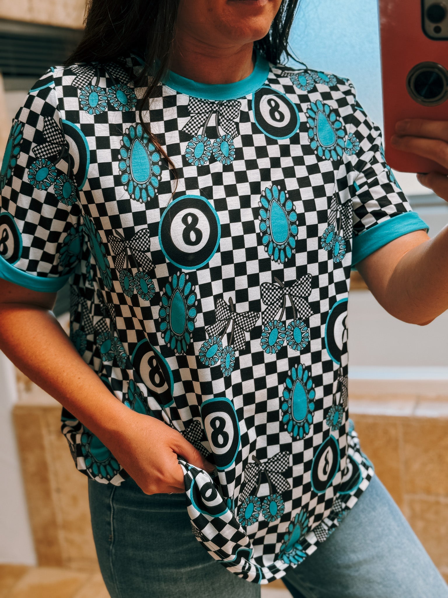 8Ball Checkered Short Sleeve Top blouse ladysworld