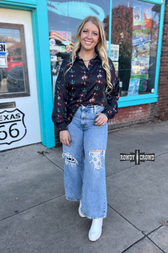 Rodeo Sweetheart Silky Button Up Fashion Top Rowdy Crowd Clothing