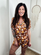 Brown Daisy Steer Skull Silky Shorts Pajamas silky pajamas - shorts The Cinchy Cowgirl (YC)