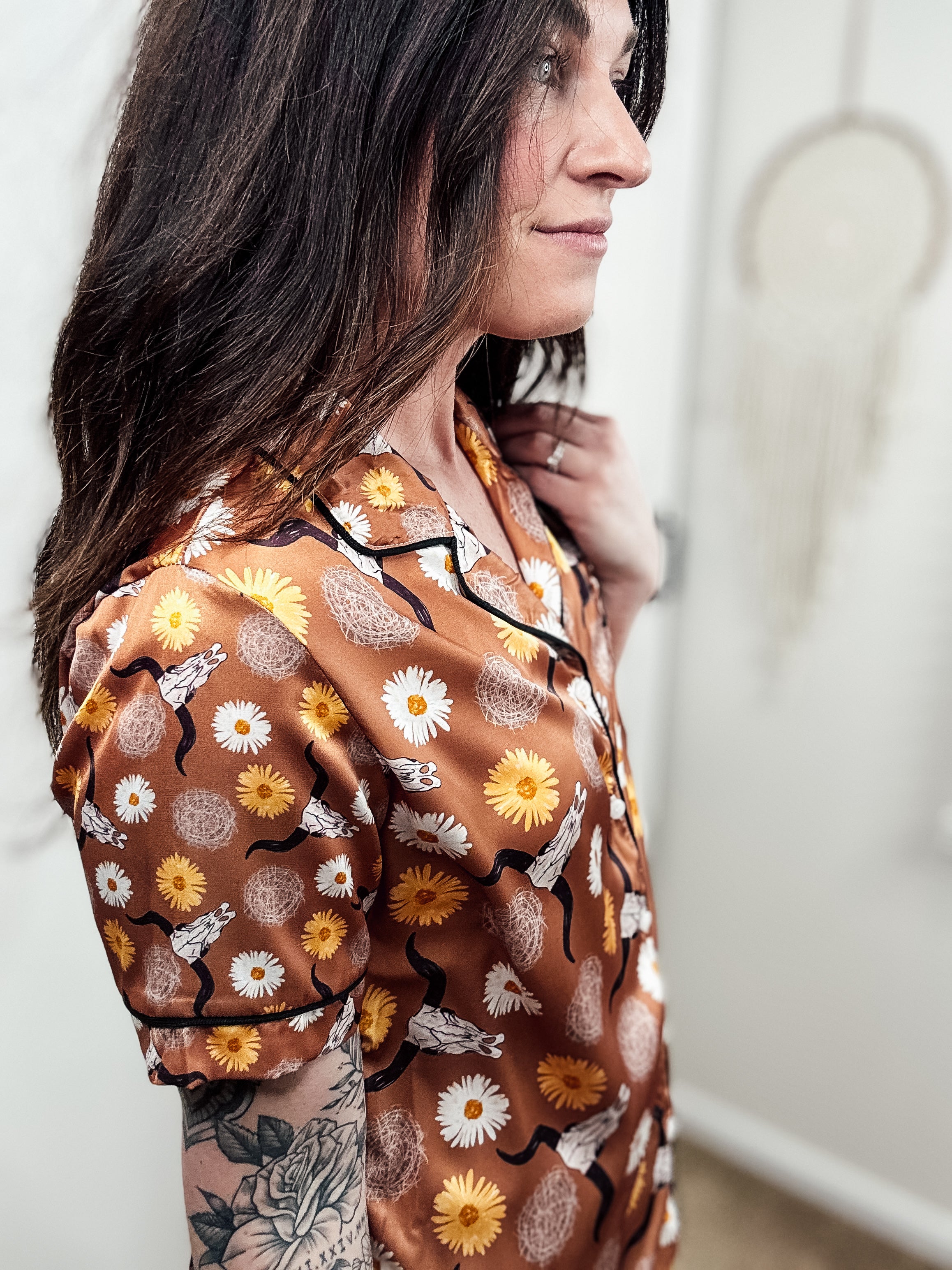 Brown Daisy Steer Skull Silky Shorts Pajamas silky pajamas - shorts The Cinchy Cowgirl (YC)