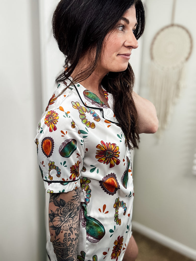 White Turquoise Stone Silky Shorts Pajamas silky pajamas - shorts The Cinchy Cowgirl (YC)