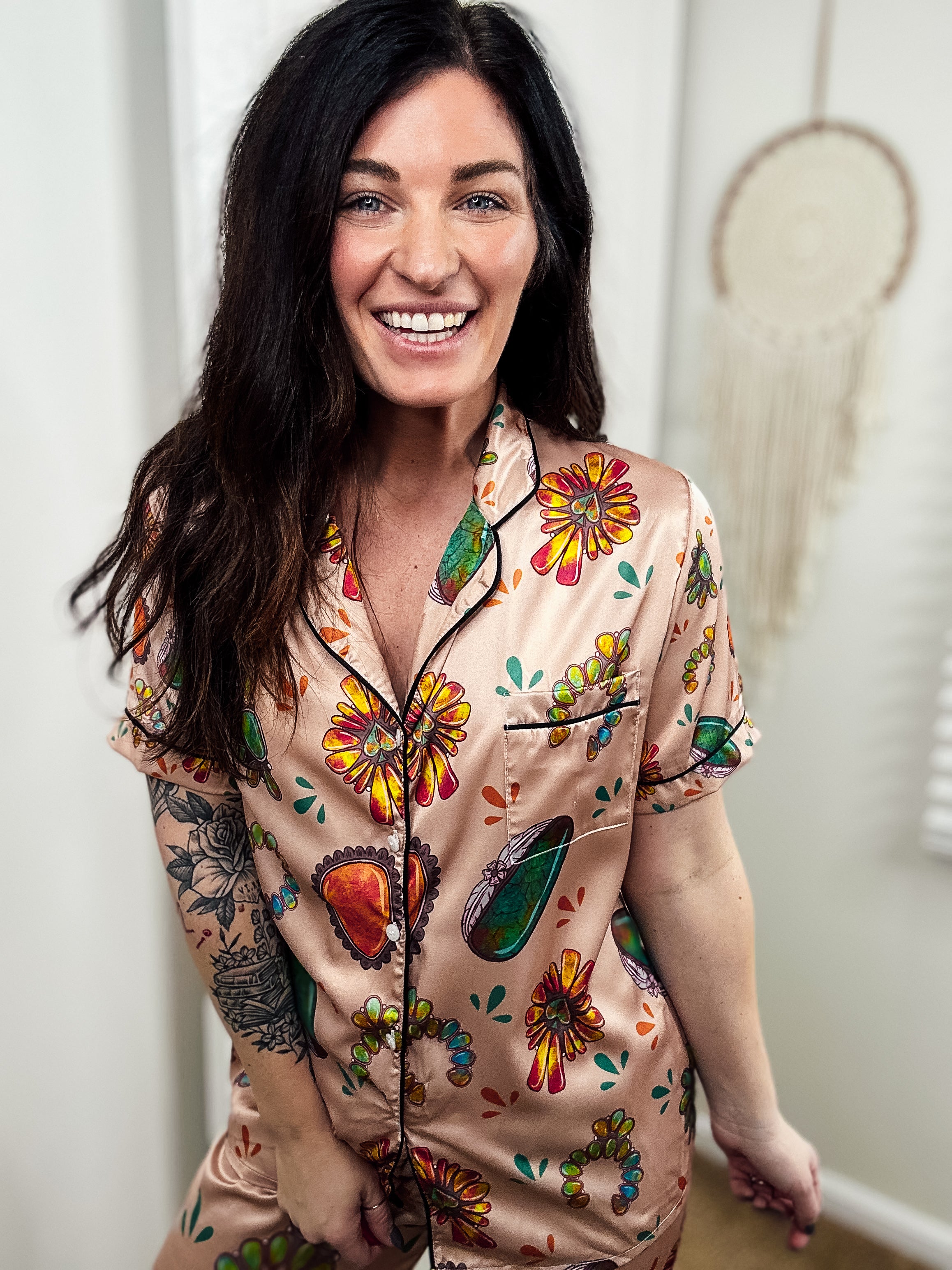 Tan Turquoise Stone Silky Pants Pajamas pajamas The Cinchy Cowgirl (YC)