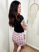 Pink Floral Cow Print Drawstring Shorts drawstring shorts The Cinchy Cowgirl (YC)