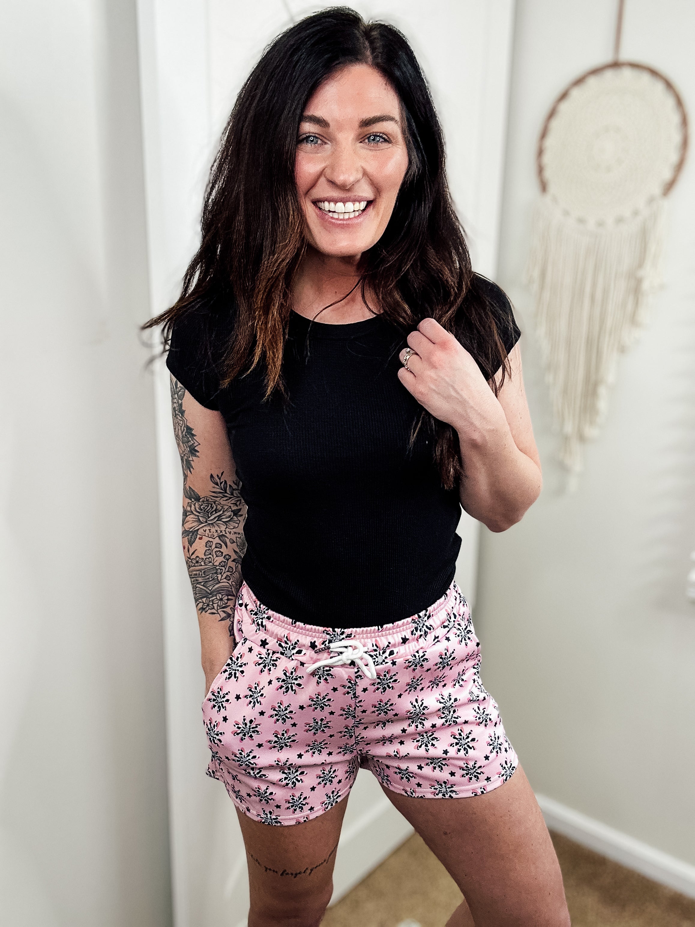 Pink Floral Cow Print Drawstring Shorts drawstring shorts The Cinchy Cowgirl (YC)