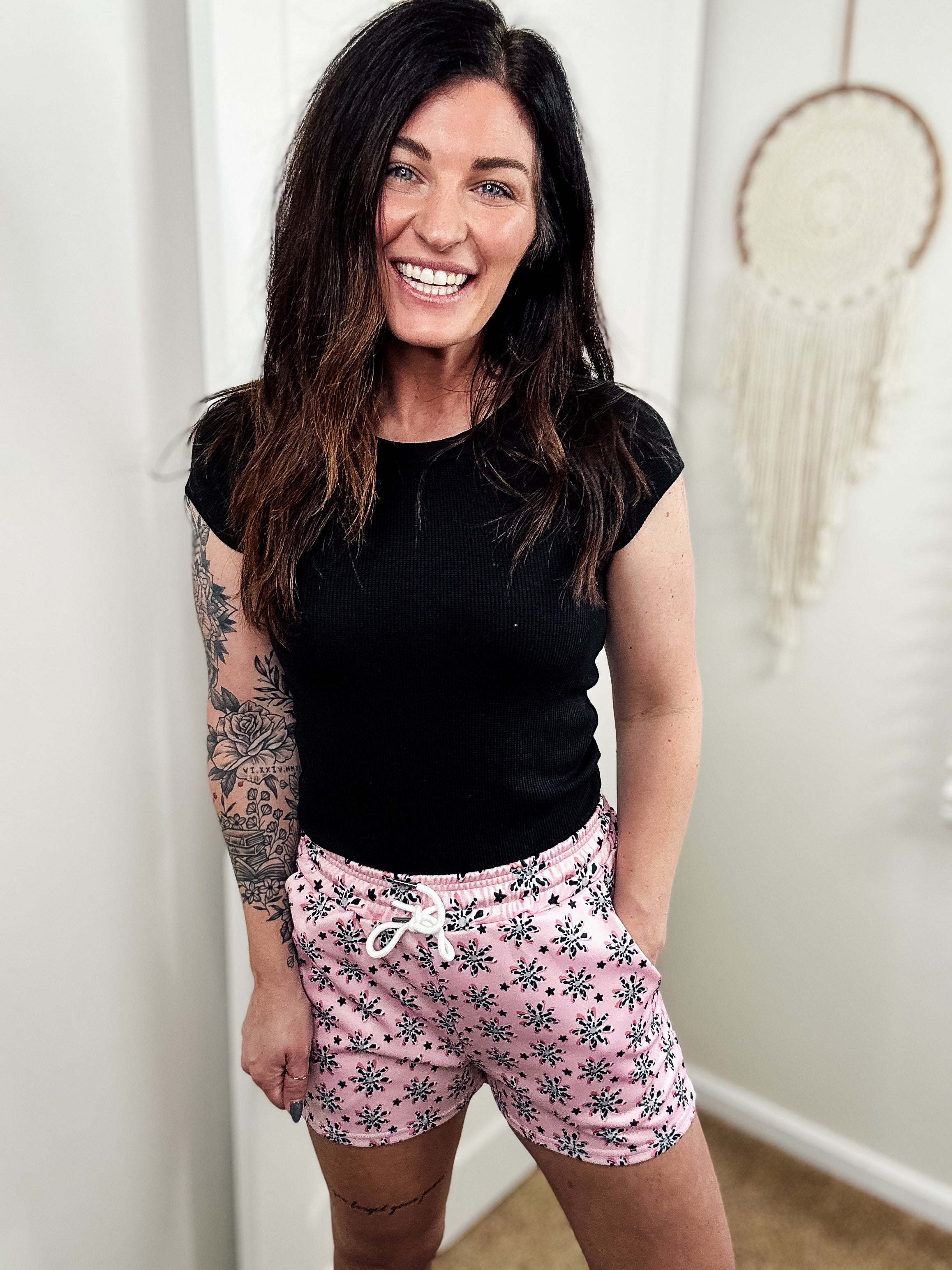 Pink Floral Cow Print Drawstring Shorts drawstring shorts The Cinchy Cowgirl (YC)