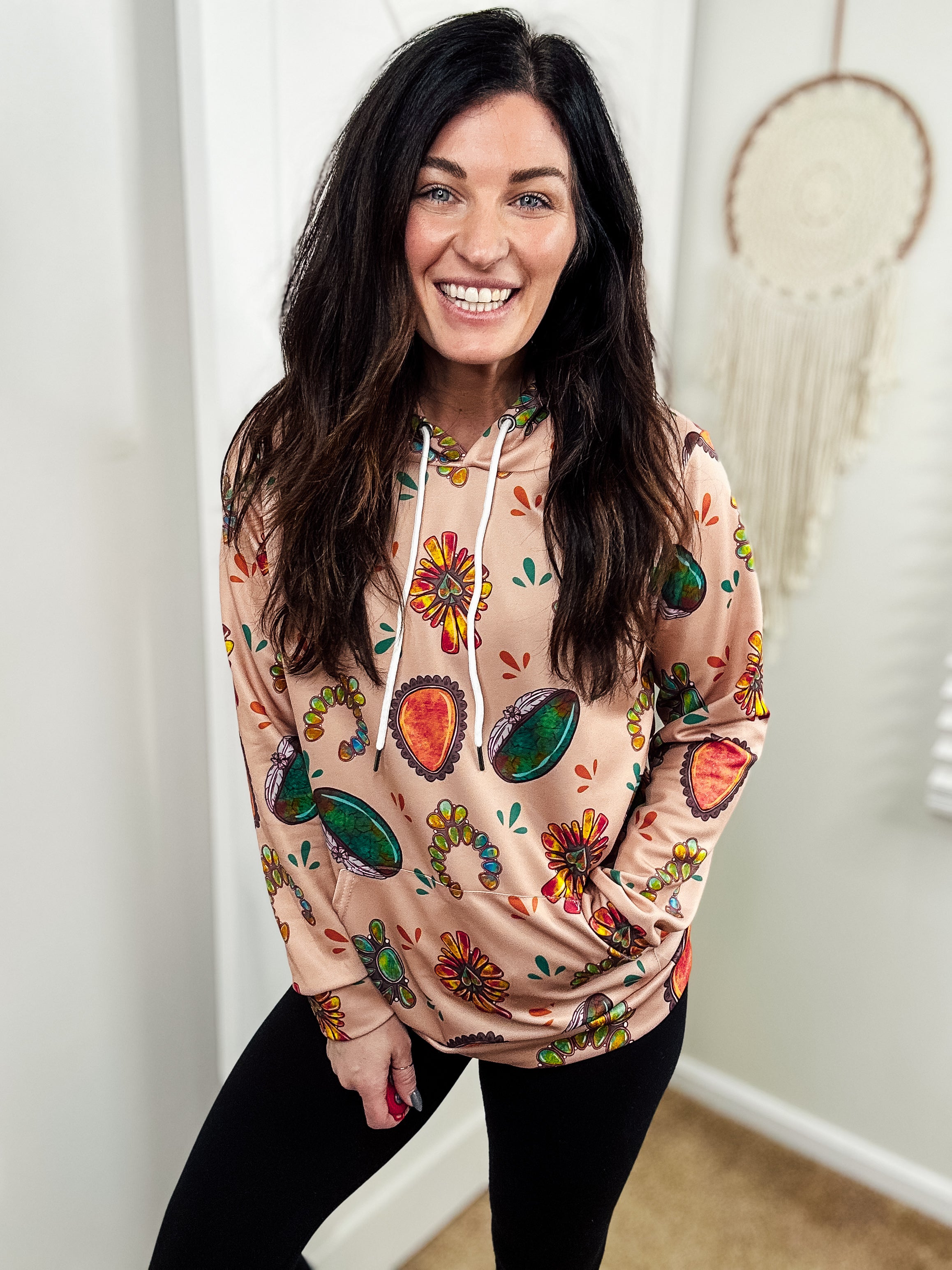 Tan Turquoise Stone Hoodie Women's Pullover Hoodie With Drawstring The Cinchy Cowgirl (YC)