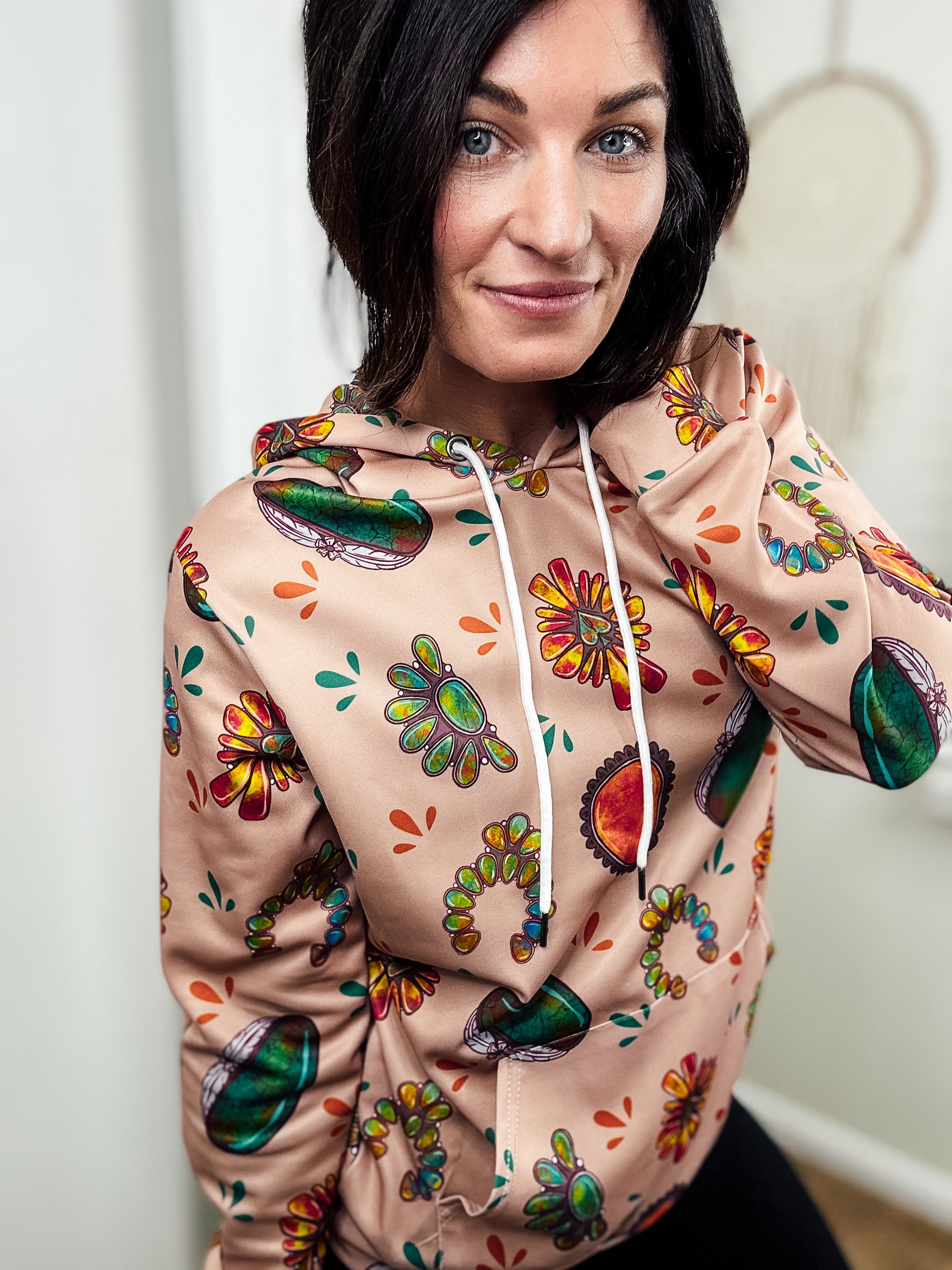 Tan Turquoise Stone Hoodie Women's Pullover Hoodie With Drawstring The Cinchy Cowgirl (YC)