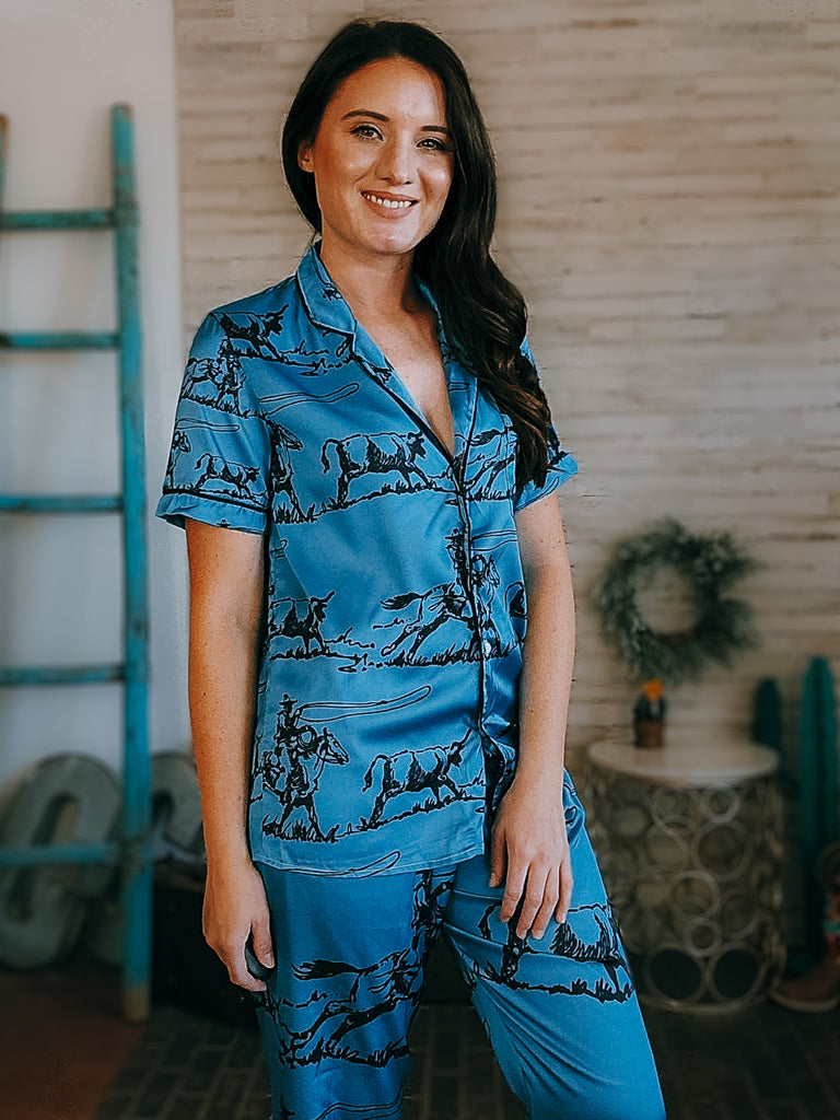 Indigo Blue Ranch Roper Silky Pajamas pajamas The Cinchy Cowgirl (YC)   