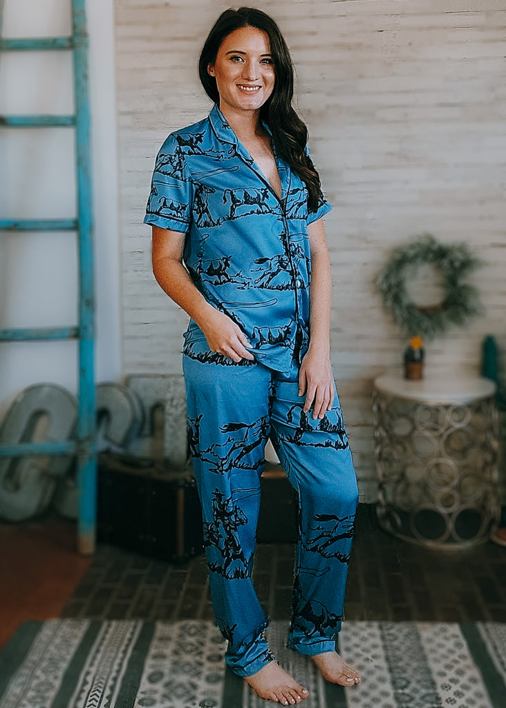 Indigo Blue Ranch Roper Silky Pajamas pajamas The Cinchy Cowgirl (YC)   