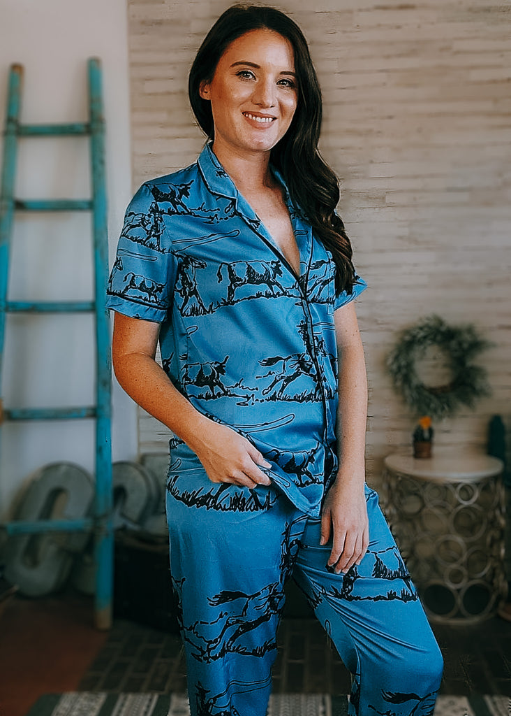 Indigo Blue Ranch Roper Silky Pajamas pajamas The Cinchy Cowgirl (YC) S  