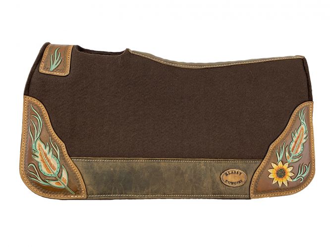 Sunflower & Teal Feather Tooled Felt Saddle Pad western saddle pad Shiloh   