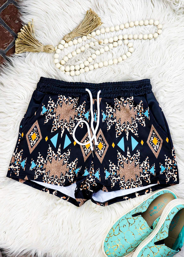 Leopard Aztec Drawstring Shorts drawstring shorts The Cinchy Cowgirl (YC) XS  