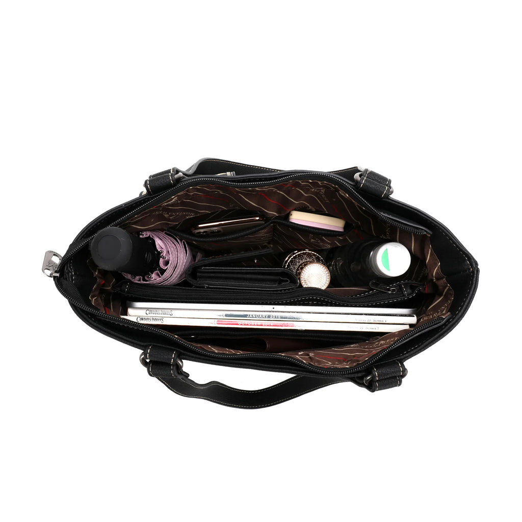 Interior of handbag with items in the side pockets. Zippered middle pocket is closed.