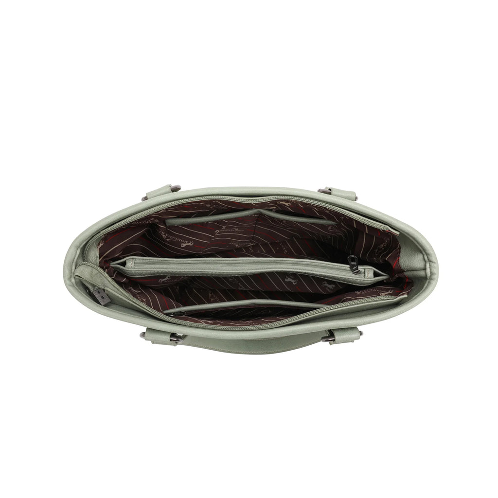 Interior of bag with darker fabric lining. Middle zippered pocket is closed and areas around the middle liner separates both sides. Open side pockets are on each side of the purse. 