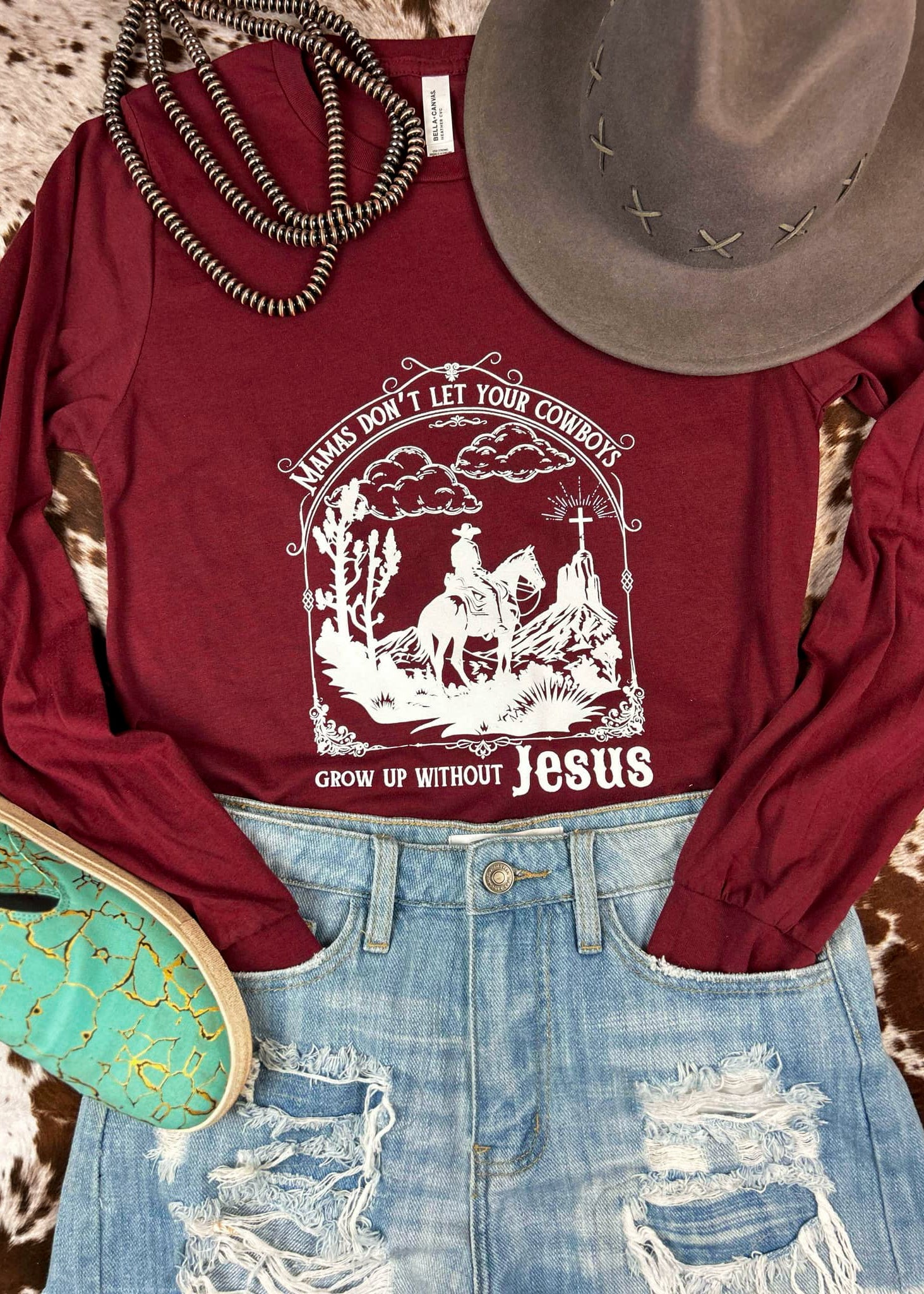 Heather Cardinal Mama Don't Let Your Cowboys Without Jesus Graphic Long Sleeve Tee tcc graphic tee The Cinchy Cowgirl