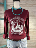 Heather Cardinal Mama Don't Let Your Cowboys Without Jesus Graphic Long Sleeve Tee tcc graphic tee The Cinchy Cowgirl
