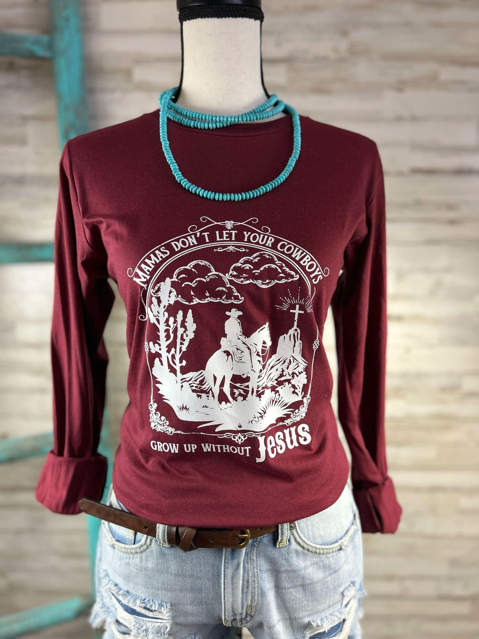 Heather Cardinal Mama Don't Let Your Cowboys Without Jesus Graphic Long Sleeve Tee tcc graphic tee The Cinchy Cowgirl