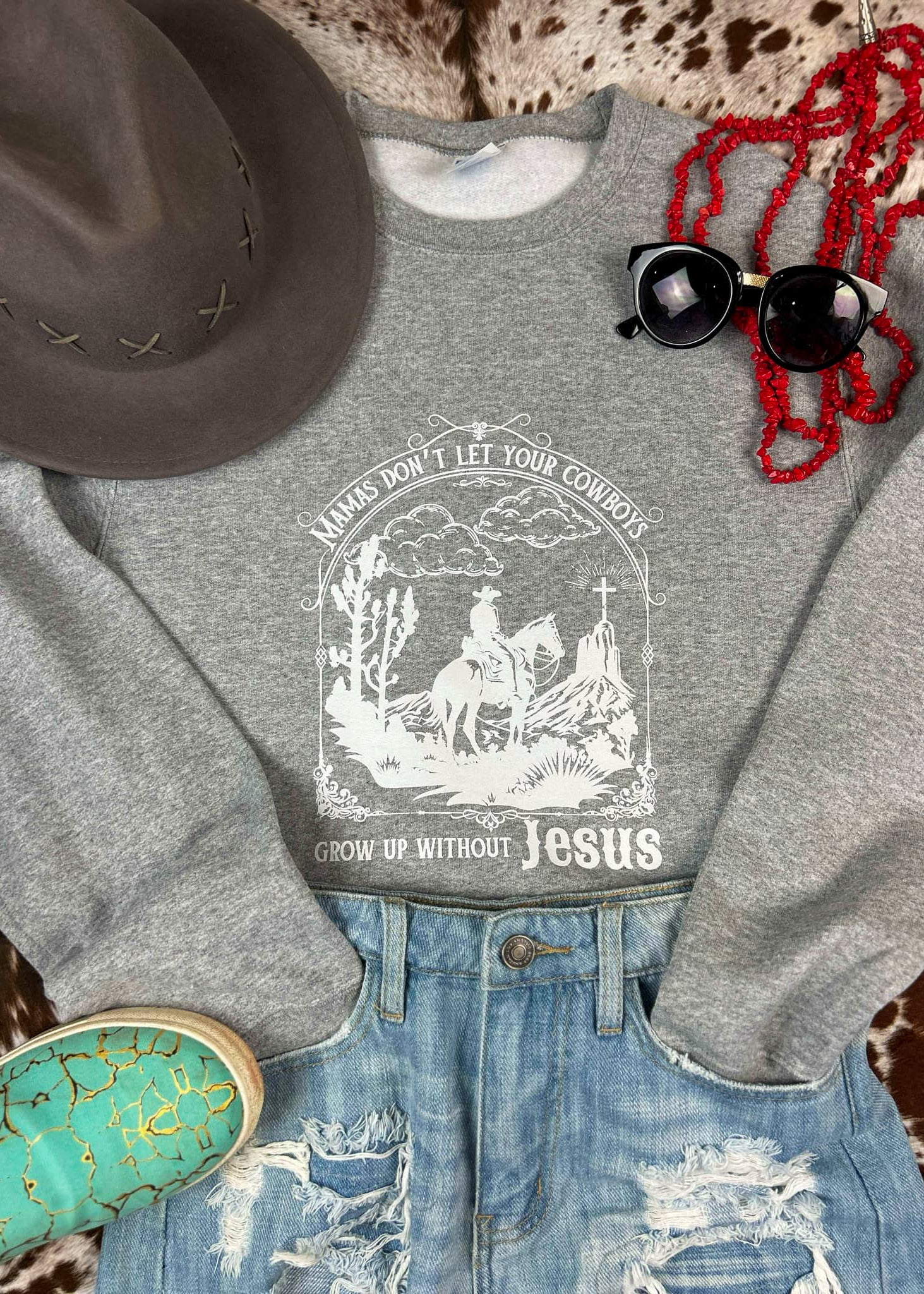 Heather Grey Mama Don't Let Your Cowboys Without Jesus Graphic Pullover tcc graphic tee The Cinchy Cowgirl