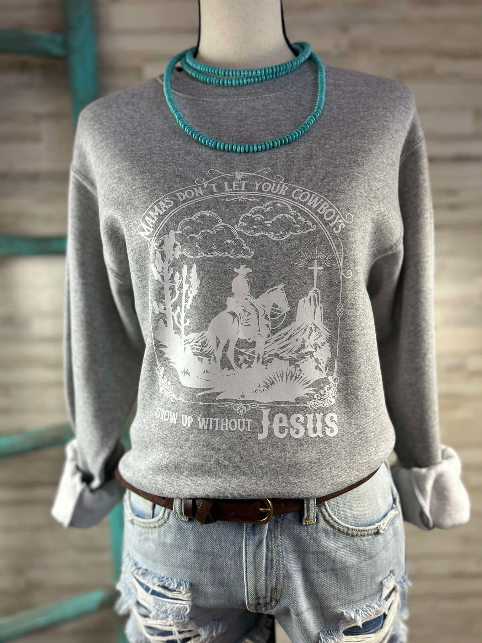 Heather Grey Mama Don't Let Your Cowboys Without Jesus Graphic Pullover tcc graphic tee The Cinchy Cowgirl