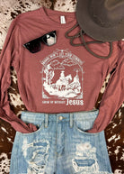 Heather Mauve Mama Don't Let Your Cowboys Without Jesus Graphic Long Sleeve Tee tcc graphic tee The Cinchy Cowgirl