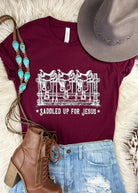 Maroon Saddled Up for Jesus Short Sleeve Tee tcc graphic tee The Cinchy Cowgirl