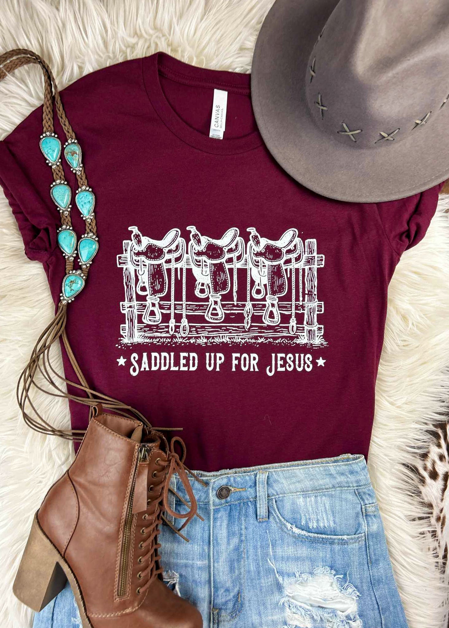 Maroon Saddled Up for Jesus Short Sleeve Tee tcc graphic tee The Cinchy Cowgirl