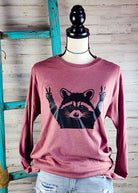 Heather Mauve Peace Out Raccoon Long Sleeve Tee graphic tee long sleeve The Cinchy Cowgirl