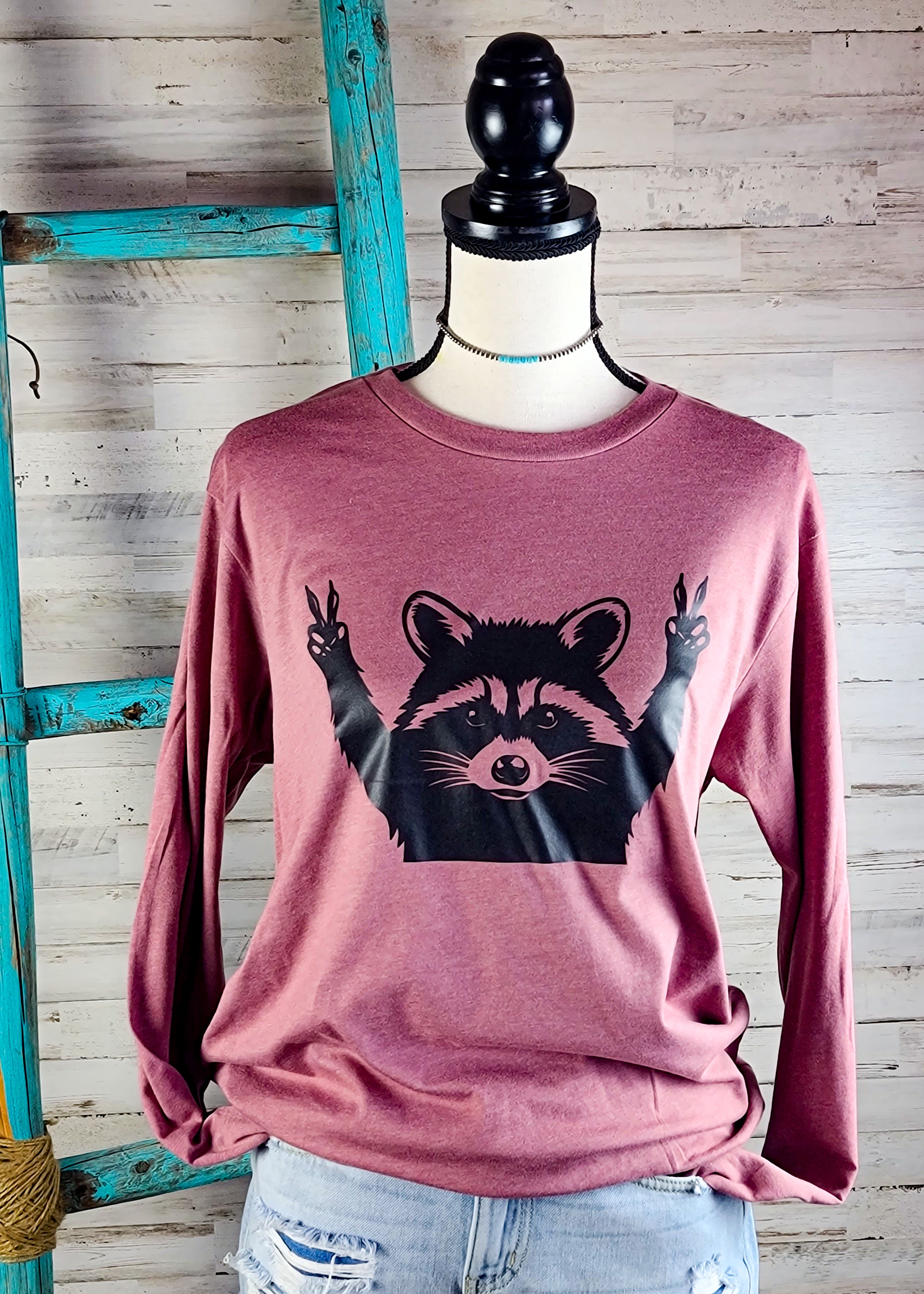 Heather Mauve Peace Out Raccoon Long Sleeve Tee graphic tee long sleeve The Cinchy Cowgirl