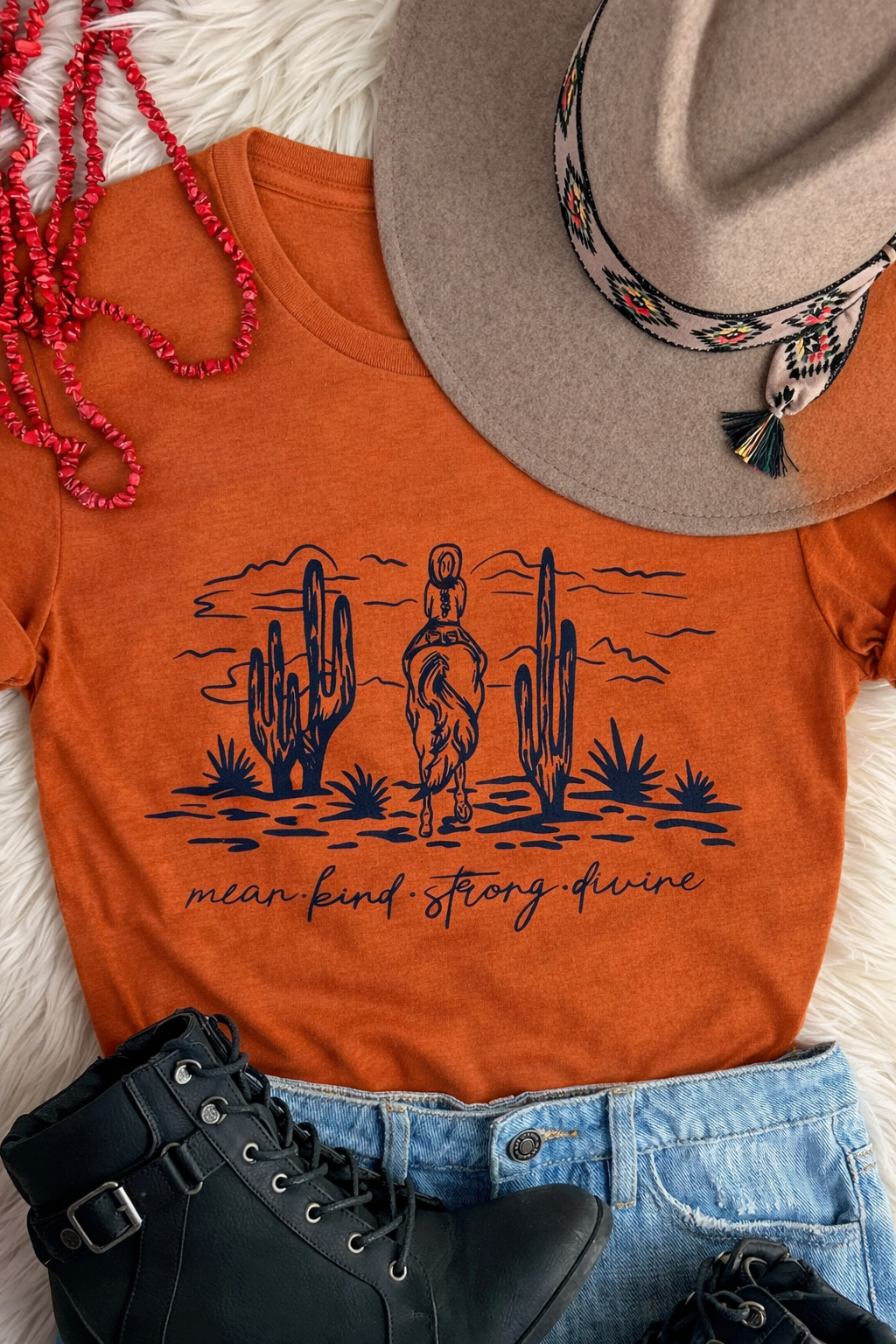 Mean, Kind, Strong, Divine Autumn Short Sleeve Tee with Navy Ink tcc graphic tee The Cinchy Cowgirl
