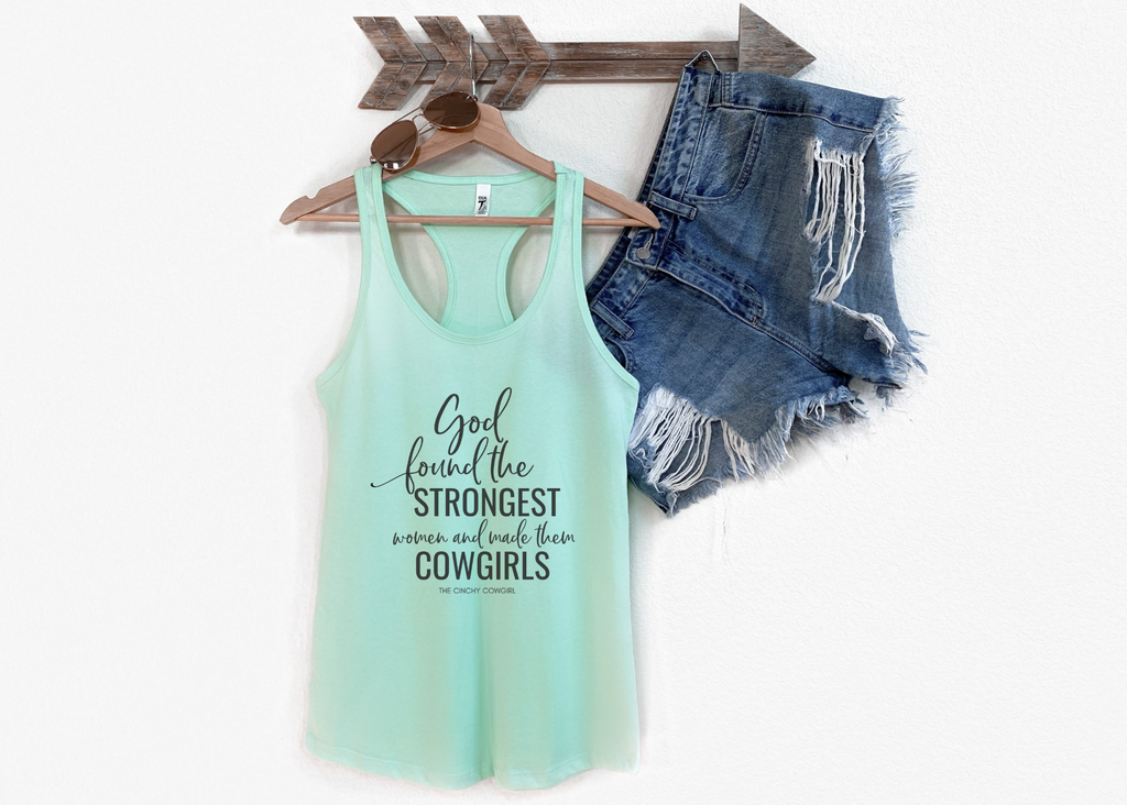 God Found the Strongest Women Racerback Tank tcc graphic tee Printify XS Solid Mint 