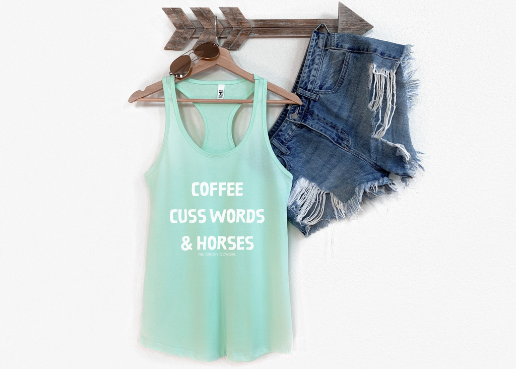 Coffee, Cuss Words, & Horses Racerback Tank tcc graphic tee Printify   