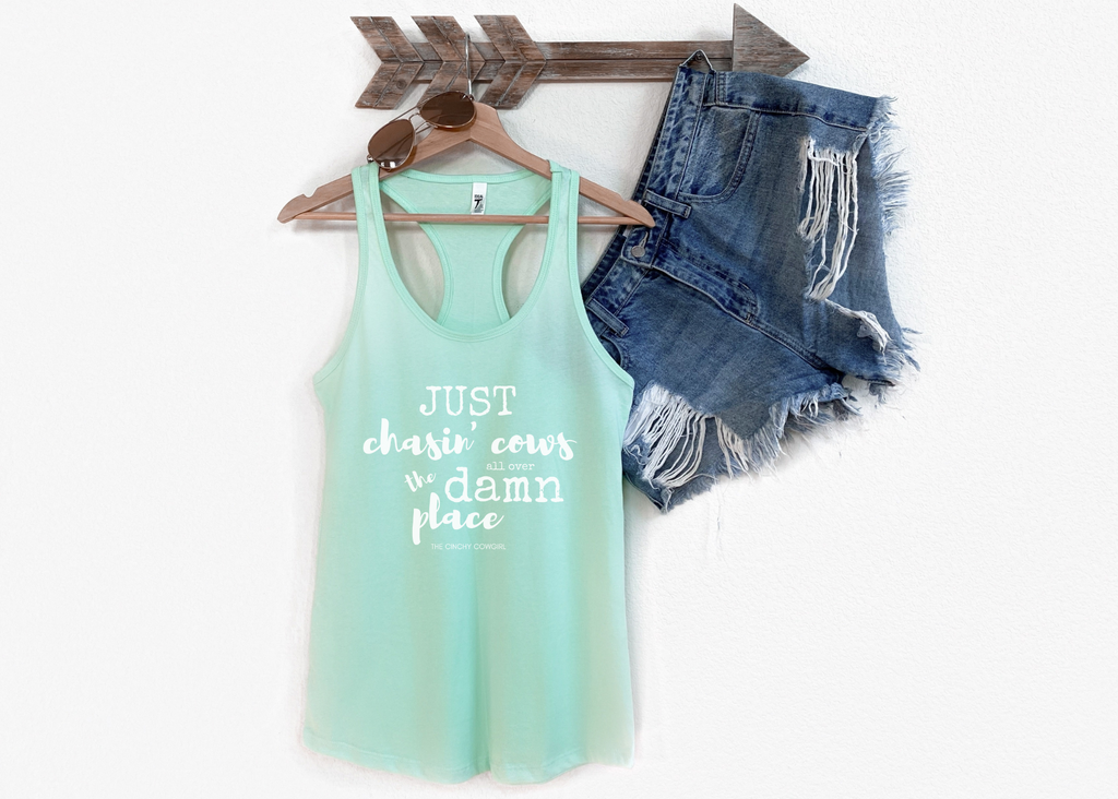 Just Chasin' Cows Racerback Tank tcc graphic tee Printify XS Solid Mint 