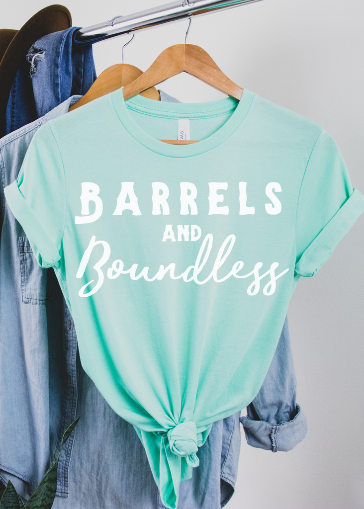 Mint short sleeve with white lettering reading "Barrels and Boundless".